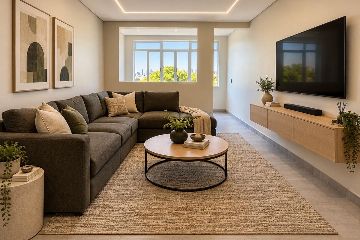 A modern, well-lit living room featuring a floating media console, recessed ceiling lighting, and large windows with a view.