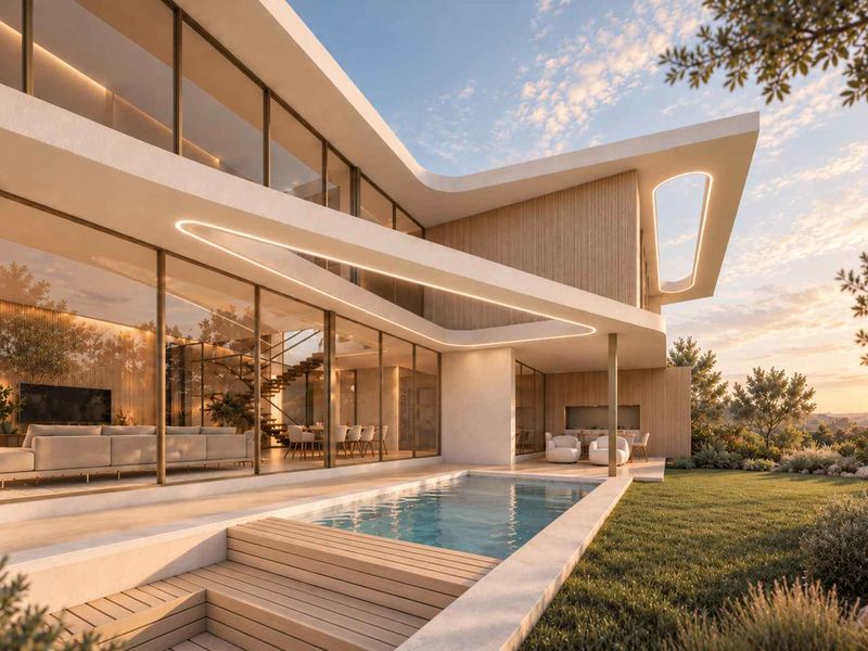 A modern luxury residence featuring a sleek swimming pool, timber decking, and expansive floor-to-ceiling glass walls overlooking a beautifully landscaped garden at sunset.