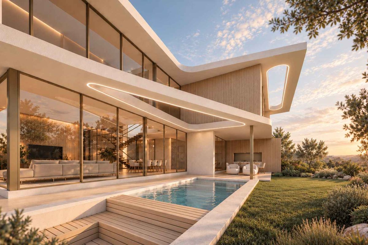 A modern luxury residence featuring a sleek swimming pool, timber decking, and expansive floor-to-ceiling glass walls overlooking a beautifully landscaped garden at sunset.