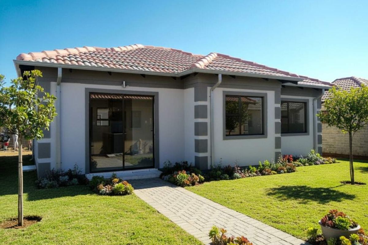 A well-maintained rear exterior view of a modern house featuring a tiled roof, paved walkway, and a neat landscaped garden.