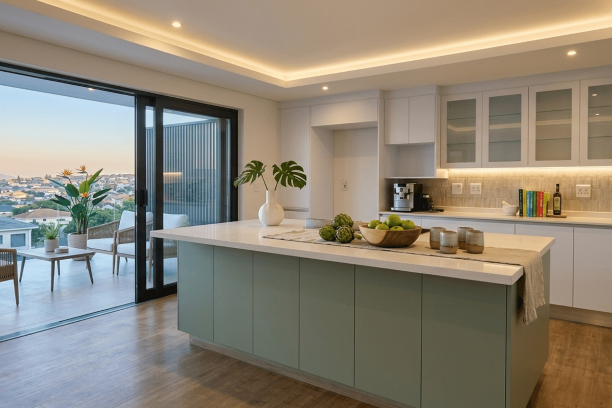 Modern kitchen featuring a central island, quartz countertops, and sleek cabinetry, seamlessly flowing onto a spacious balcony with scenic views.