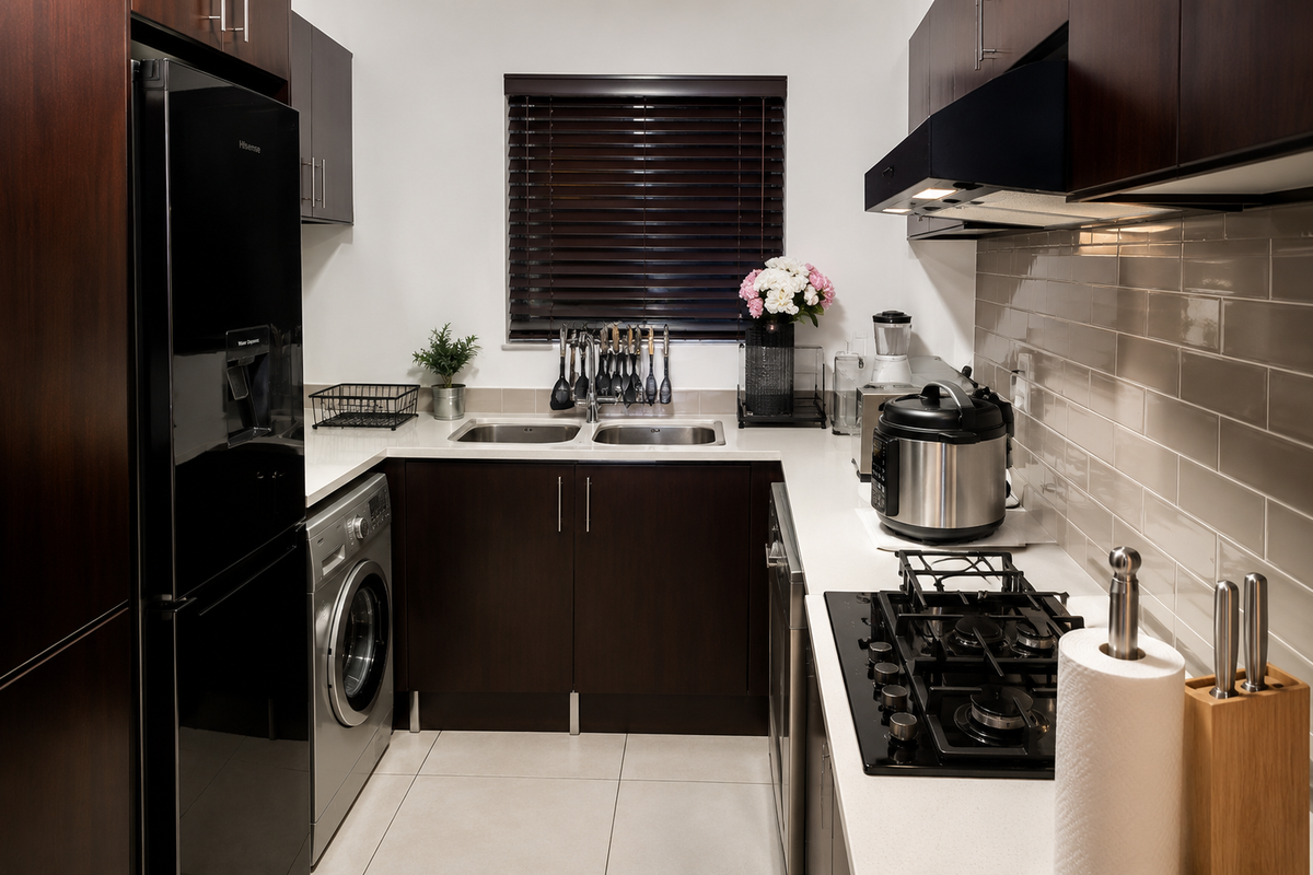 A modern, well-maintained kitchen featuring dark wood cabinetry, stone countertops, a subway tile backsplash, and integrated appliances including a gas hob and washing machine.