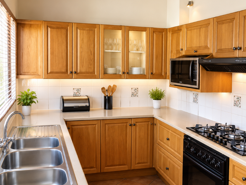 A well-maintained kitchen featuring timber cabinetry, stone countertops, a gas cooktop, built-in oven, and distinctive exposed timber ceiling beams.