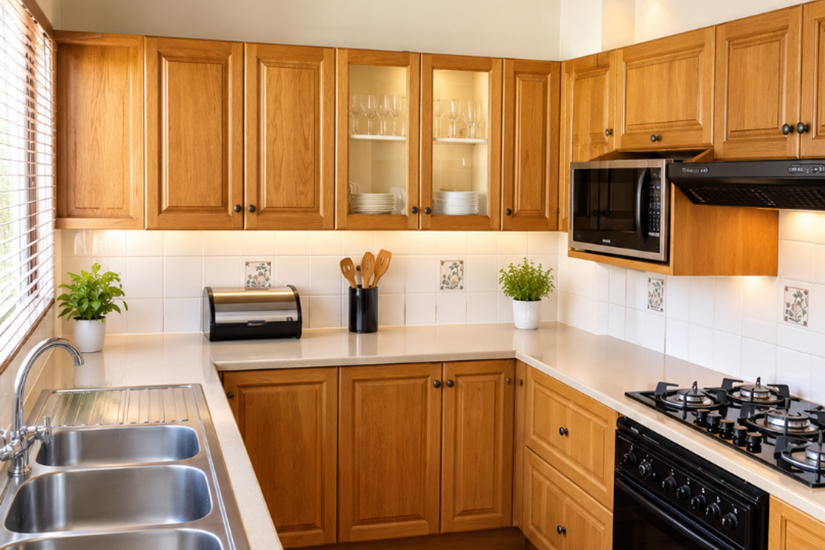 A well-maintained kitchen featuring timber cabinetry, stone countertops, a gas cooktop, built-in oven, and distinctive exposed timber ceiling beams.