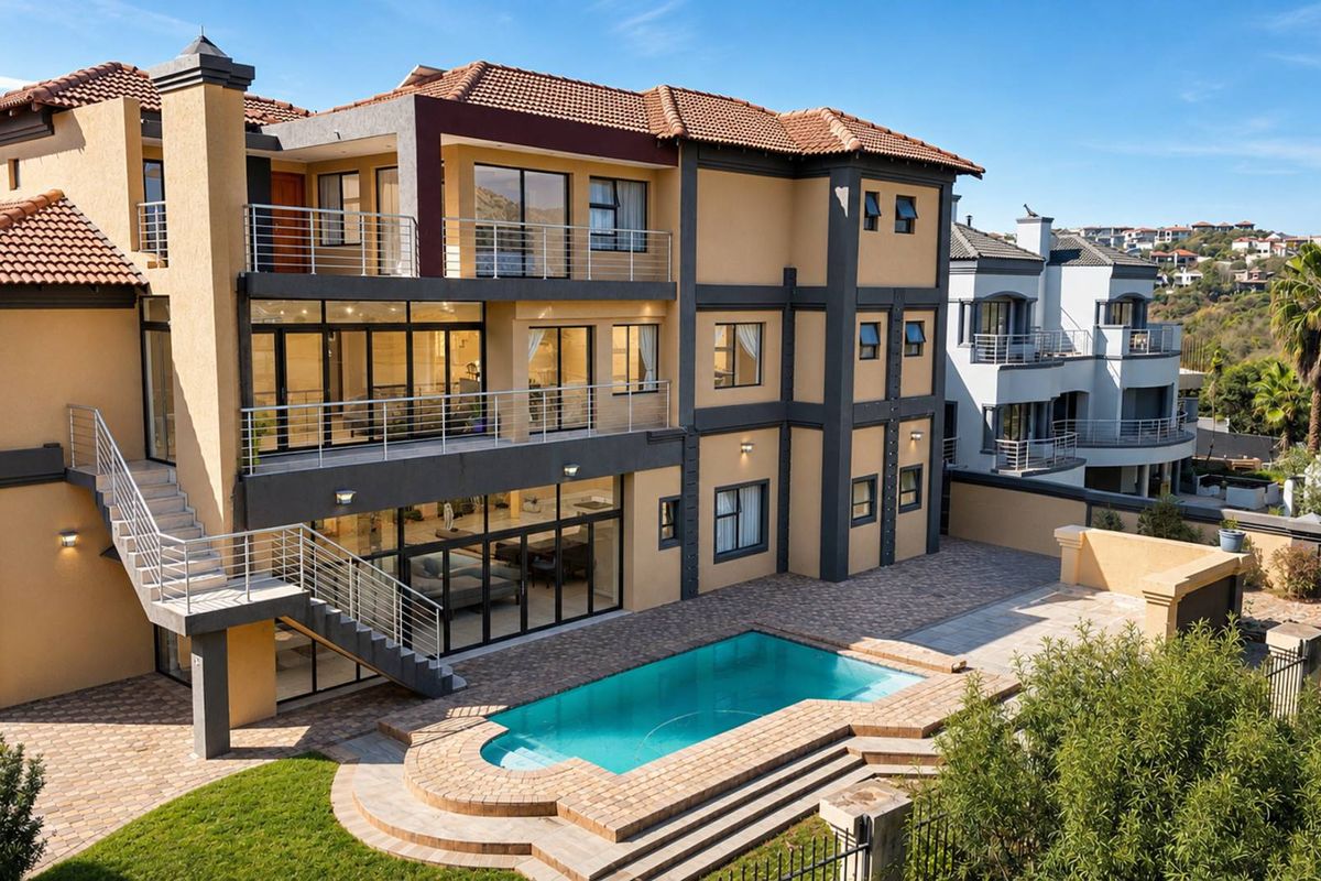 A multi-story residential property featuring a rear swimming pool, paved patio area, multiple balconies, and external staircase access.