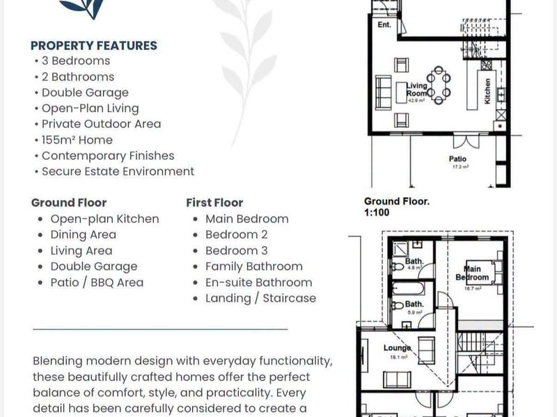 Architectural floor plan for a three-bedroom townhouse featuring an open-plan living area, double garage, and private patio space.