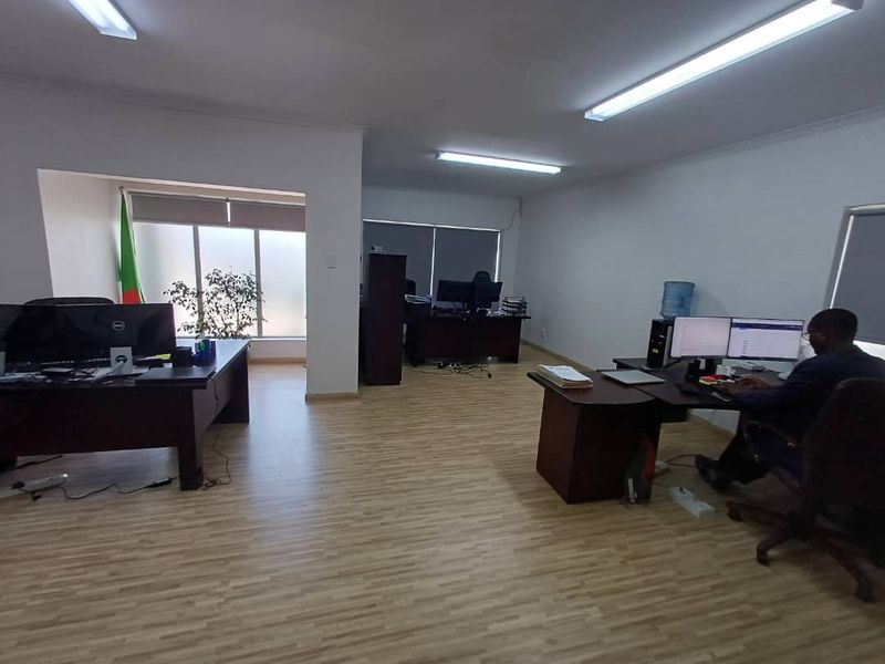 A functional open-plan office space featuring laminate flooring, recessed fluorescent lighting, and large windows with roller blinds.