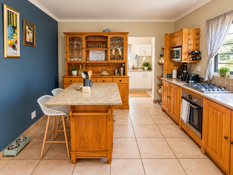 A well-maintained kitchen featuring warm wooden cabinetry, a central island with stone countertop, built-in gas hob, oven, and convenient access to a separate scullery area.