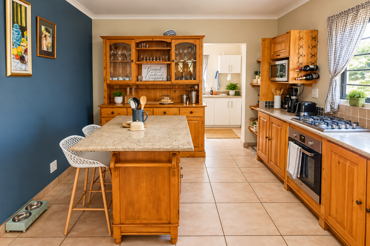 A well-maintained kitchen featuring warm wooden cabinetry, a central island with stone countertop, built-in gas hob, oven, and convenient access to a separate scullery area.