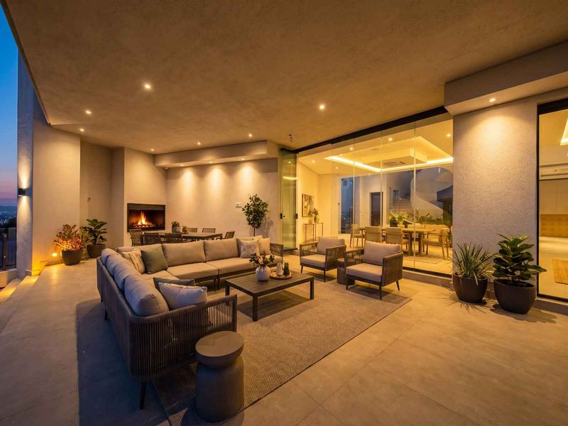 A spacious covered patio featuring a built-in fireplace, recessed lighting, and large sliding glass doors that connect seamlessly to the interior living space.