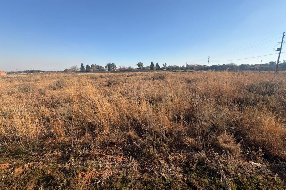 A wide-angle view of a vacant residential plot featuring natural dry grass and overhead power lines against a clear blue sky.