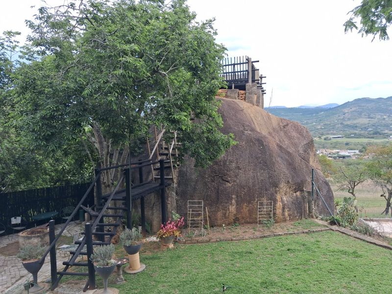 A unique garden area featuring a large natural rock formation with an integrated wooden staircase leading to an elevated viewing deck.