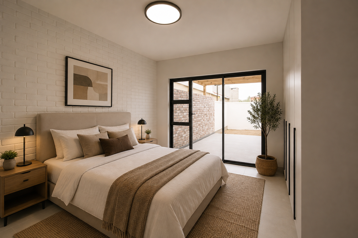 Modern bedroom featuring a textured brick feature wall, built-in wardrobes, and large sliding glass doors providing direct access to a private patio area.