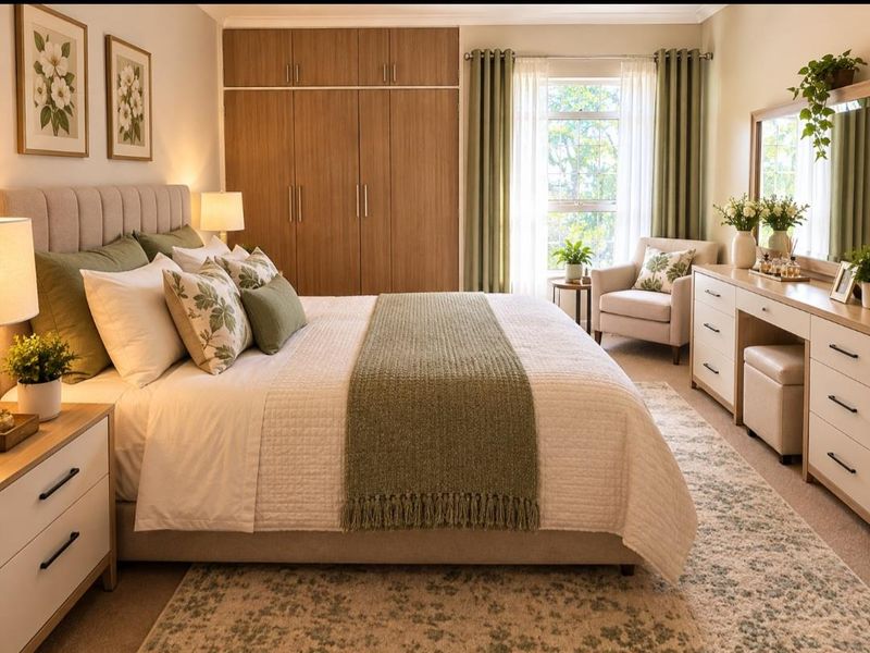 A well-appointed bedroom featuring built-in wooden cupboards, neutral carpeting, and large windows that provide ample natural light.