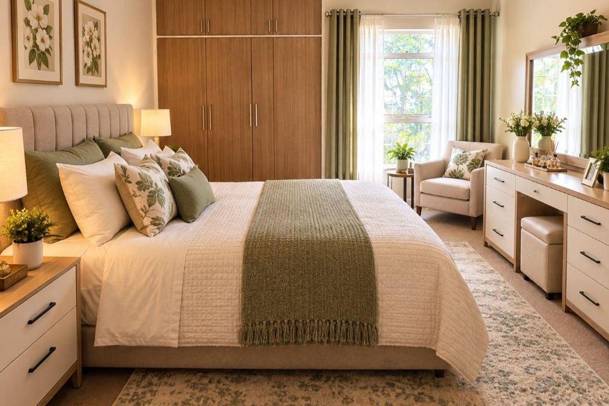 A well-appointed bedroom featuring built-in wooden cupboards, neutral carpeting, and large windows that provide ample natural light.