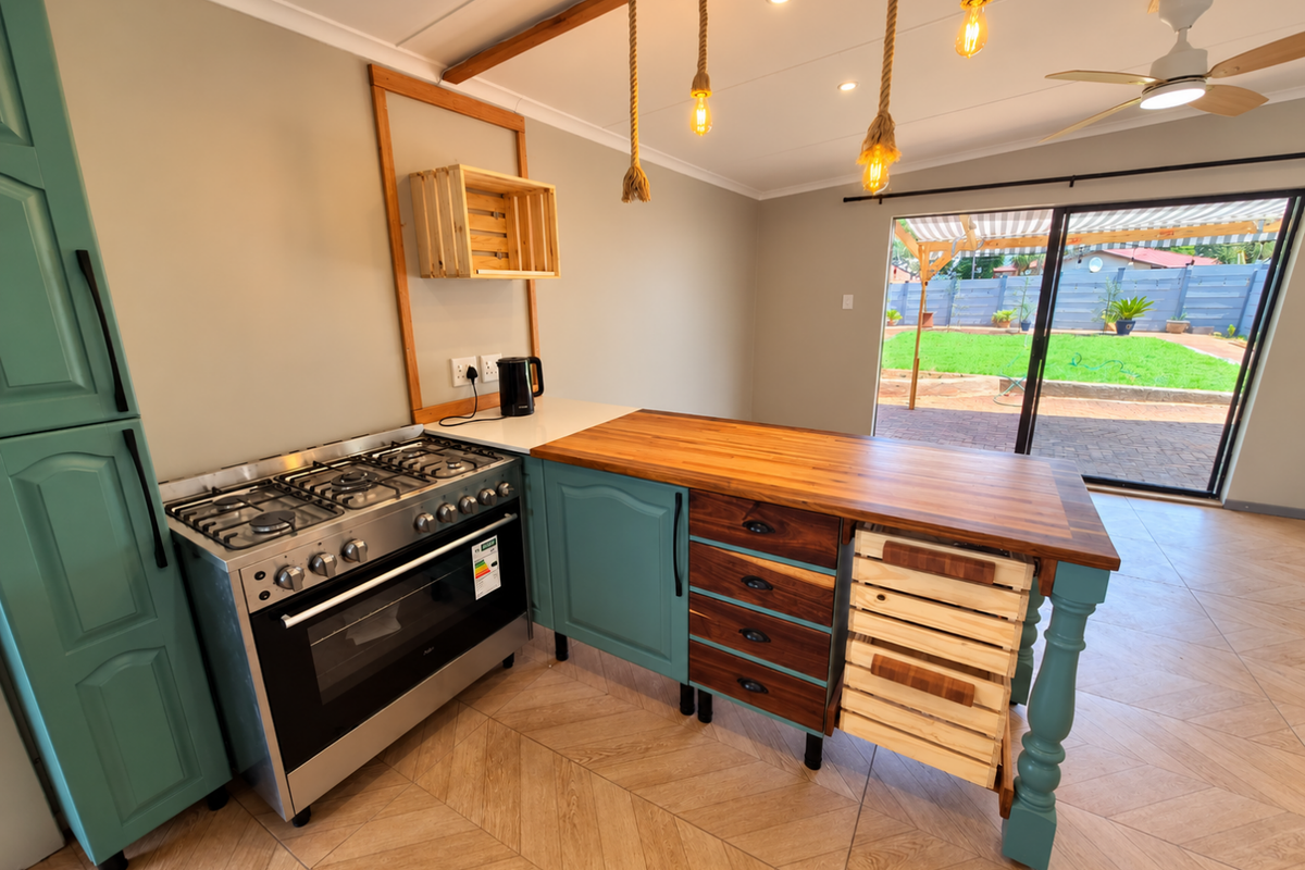 A modern kitchen featuring a gas stove, wooden countertops, custom cabinetry, and direct access to the rear patio and garden through sliding glass doors.