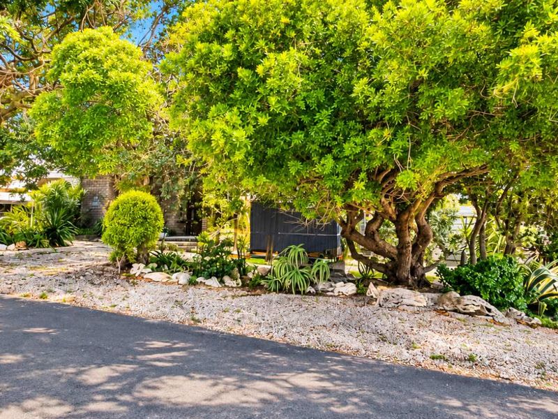 A street-level view of the property frontage featuring mature trees, landscaped garden beds, and a gravel verge adjacent to the asphalt road.