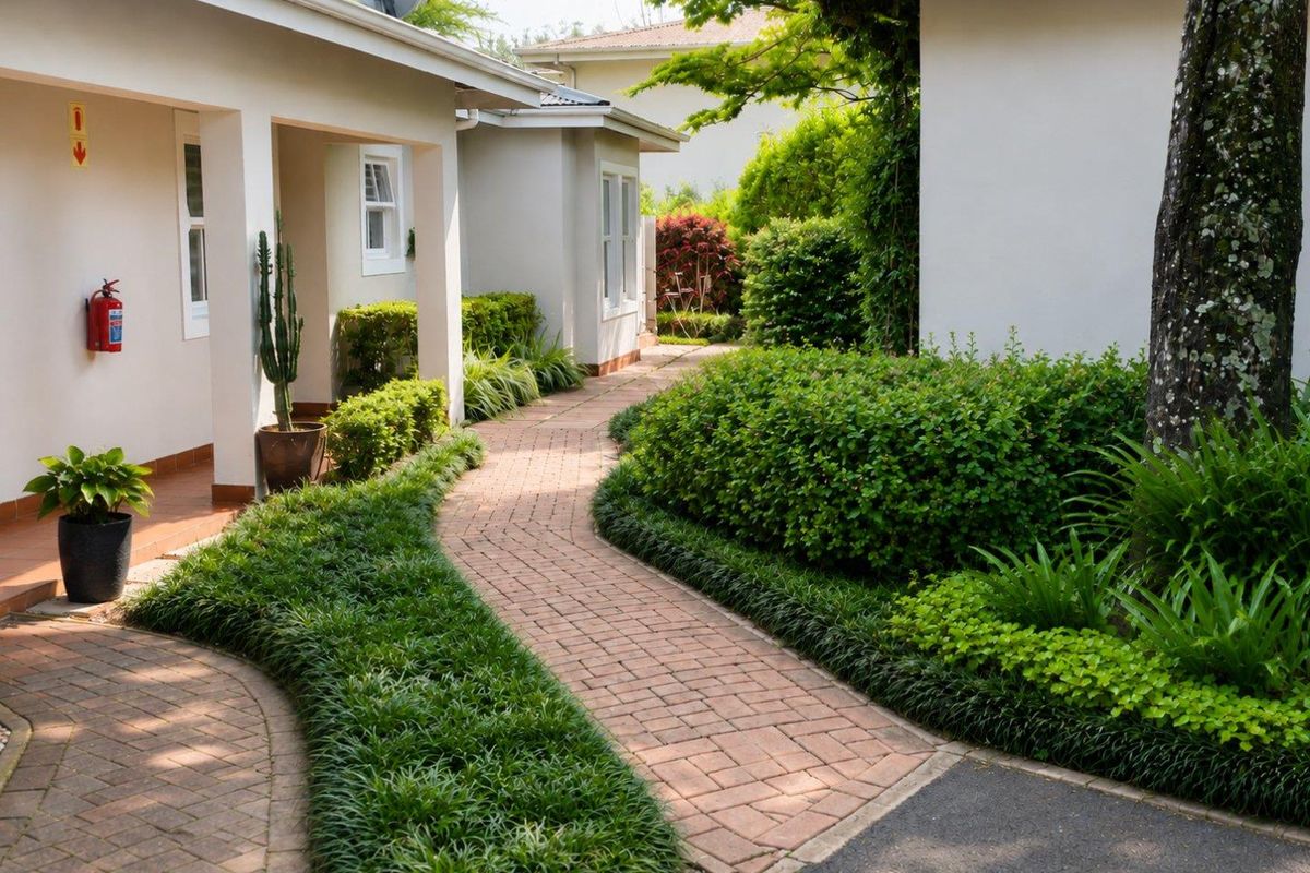 A well-maintained exterior rear garden area featuring a brick paved pathway, lush landscaping, and a covered walkway connecting sections of the property.