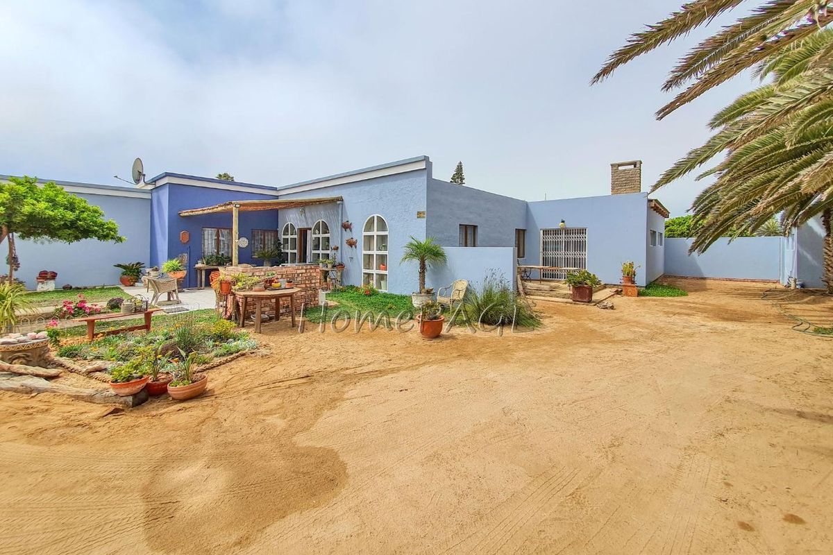 Rear exterior view of a blue-painted house featuring a paved patio area, brick-built outdoor counter, and a large sandy yard with established palm trees.