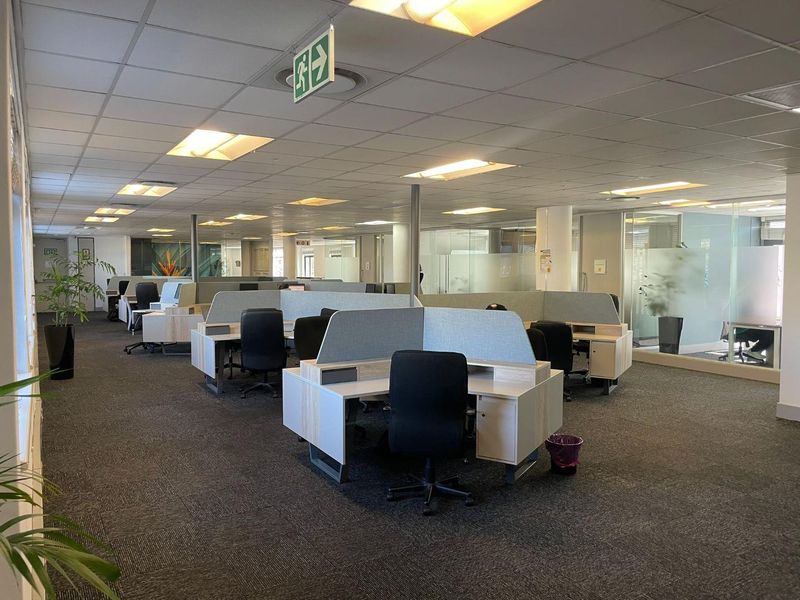 Open-plan office space featuring suspended ceilings, recessed lighting, carpeted flooring, and glass-partitioned meeting areas, providing a professional and functional work environment.
