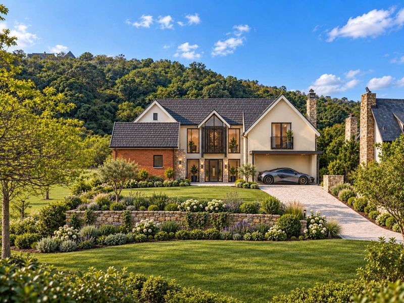 A stunning luxury residence featuring a stone-accented facade, manicured terraced gardens, a paved driveway, and a covered carport set against a scenic hillside backdrop.