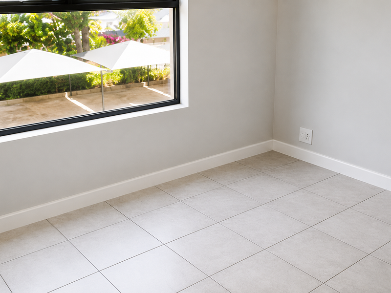 A bright, empty bedroom featuring neutral tiled flooring, clean white walls, and a large window with a view of the outdoor area.