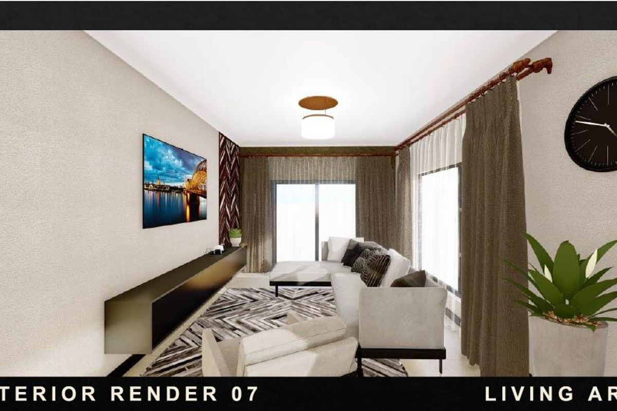 A modern living room featuring a floating media console, large sliding glass doors, and contemporary lighting fixtures in this digital architectural render.