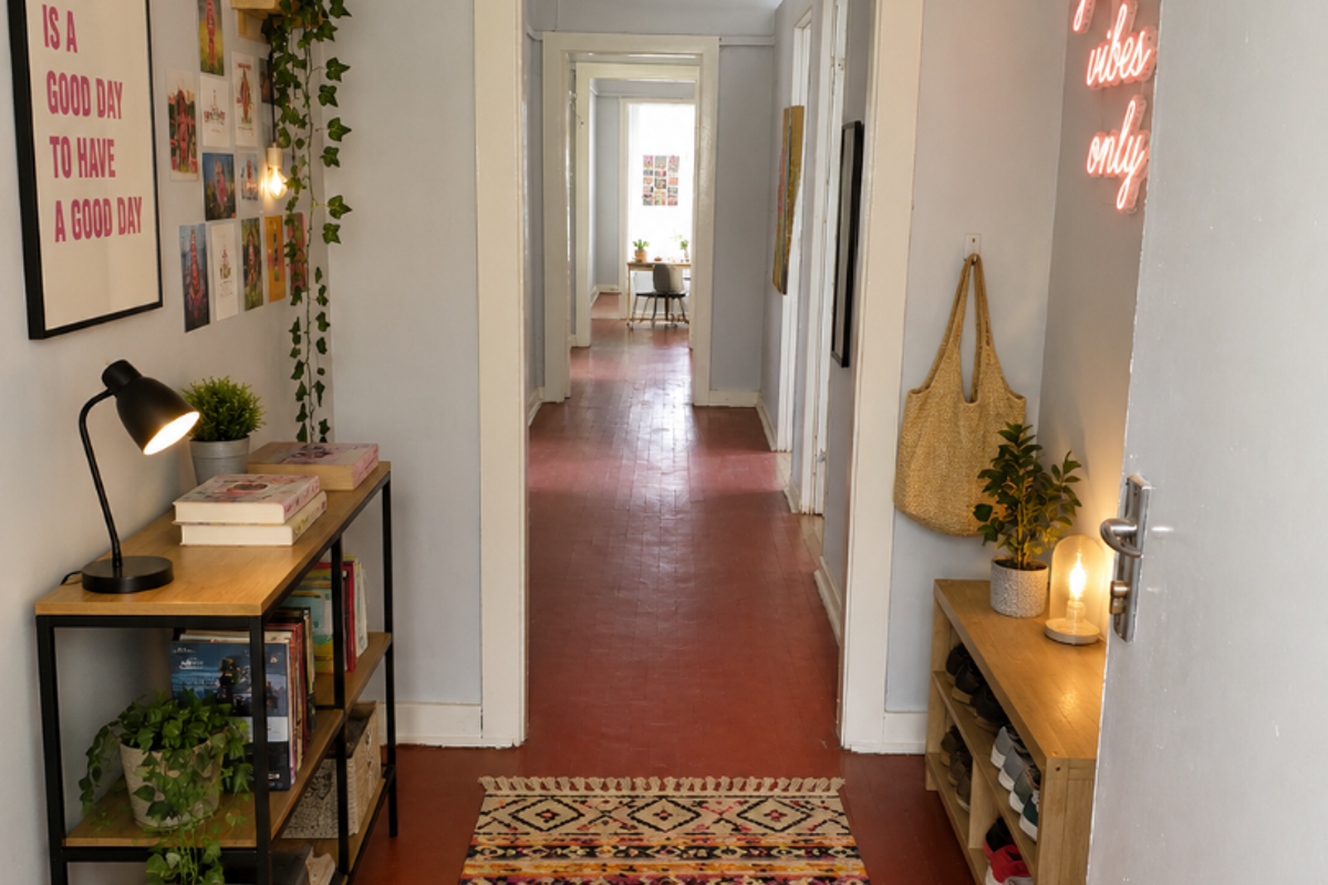 A bright, welcoming hallway featuring painted wooden floors and a series of connecting doorways leading through the apartment.