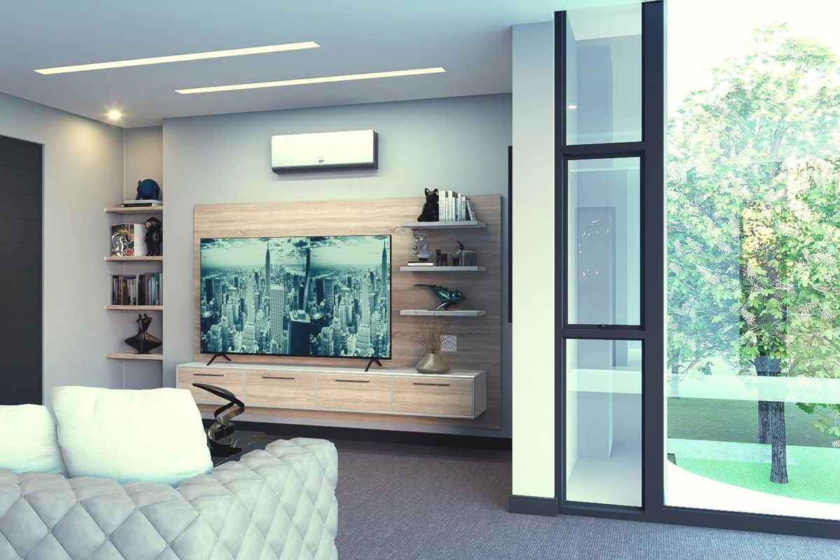 Modern living room featuring a built-in media console, floating shelving, recessed ceiling lighting, and a large window with garden views.