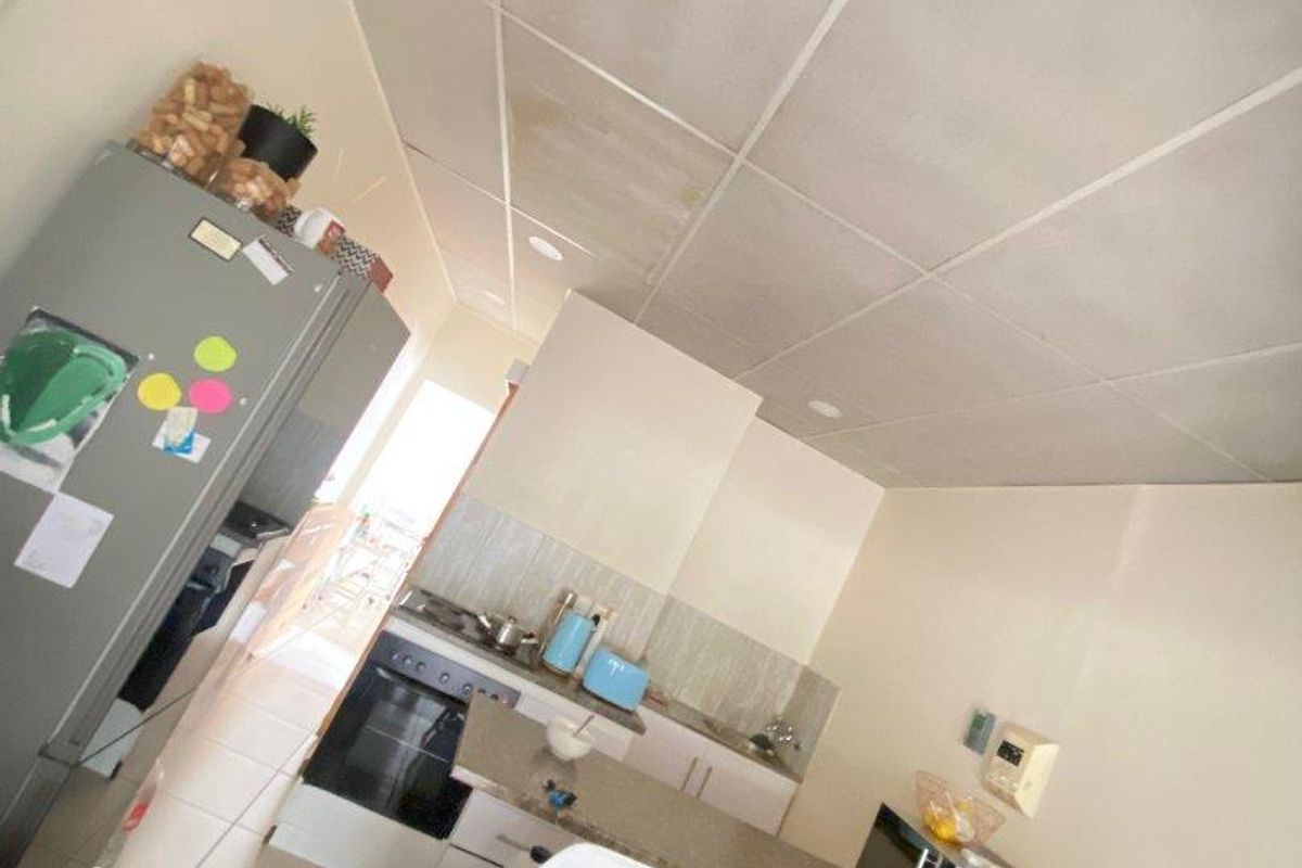A compact kitchen area featuring built-in cabinetry, an oven, and a hob, with visible water staining on the drop ceiling tiles.