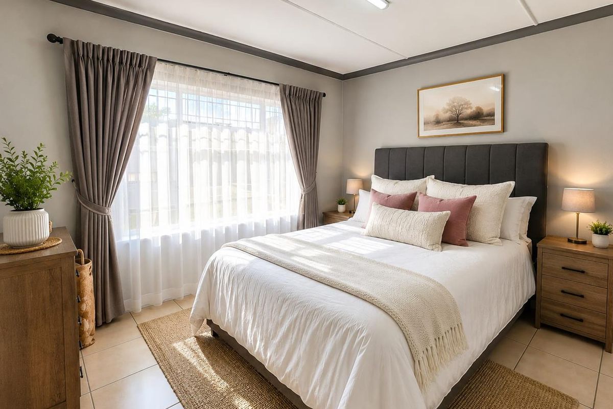 A well-lit bedroom featuring neutral wall tones, tiled flooring, and a large window with curtain treatments.