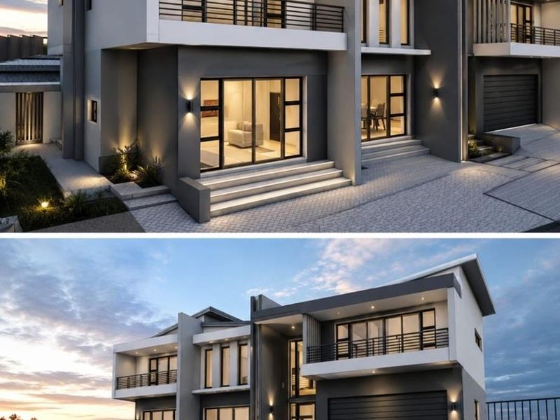 Modern double-story residential property featuring a contemporary facade, integrated double garage, paved driveway, and upper-level balconies with glass balustrades.