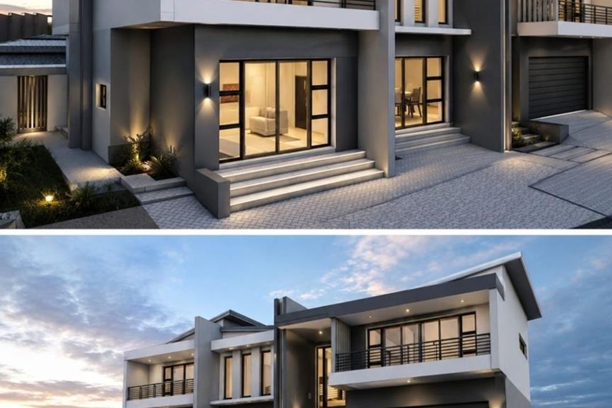 Modern double-story residential property featuring a contemporary facade, integrated double garage, paved driveway, and upper-level balconies with glass balustrades.