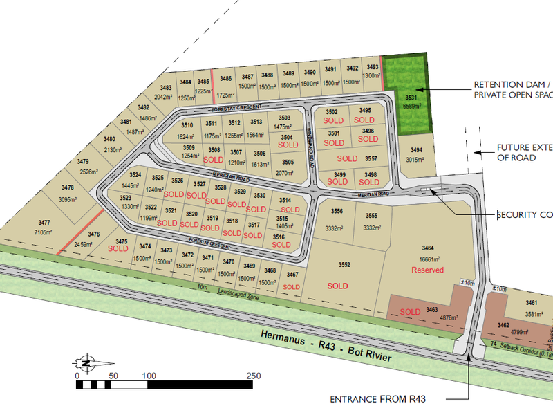 A detailed site development plan for a commercial vacant land estate, showing individual plot sizes, road layouts, and infrastructure features.