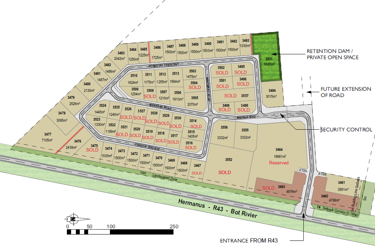 A detailed site development plan for a commercial vacant land estate, showing individual plot sizes, road layouts, and infrastructure features.