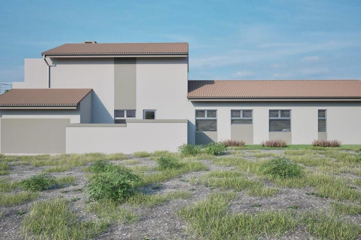 A digital rendering of the rear exterior elevation of a modern house featuring tiled roofing and a clean, minimalist facade.
