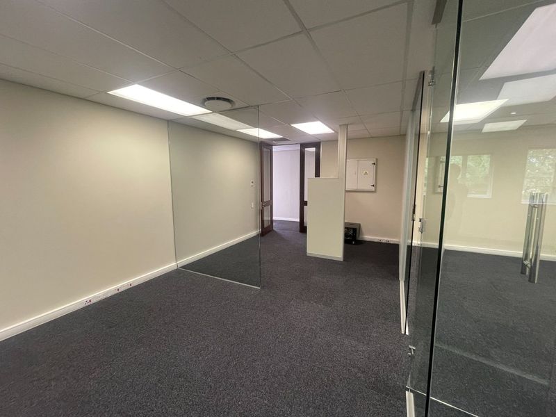 A clean, vacant office space featuring modern glass partitioning, suspended ceilings with recessed lighting, and durable carpet flooring.
