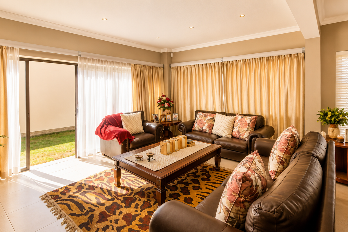 A bright and spacious living room featuring large sliding glass doors that open to a private garden, complemented by neutral tiled flooring and recessed lighting.