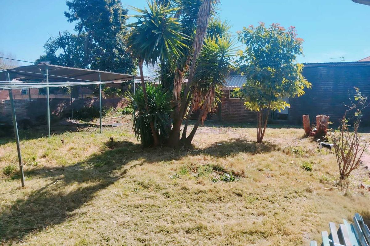 A spacious rear garden area featuring a brick boundary wall, mature trees, and a covered outdoor structure, offering potential for landscaping and improvement.