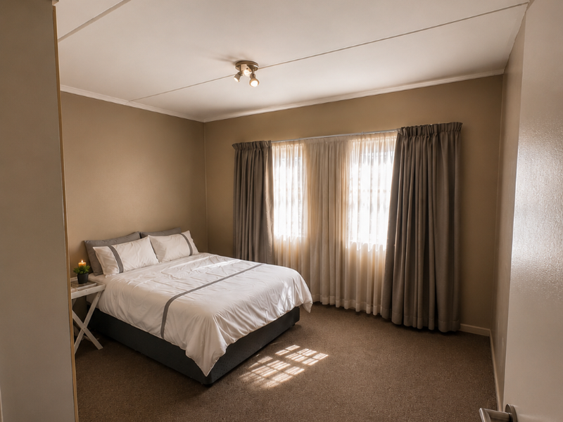A well-lit bedroom featuring neutral wall tones, carpeted flooring, and large windows with installed curtain tracks.