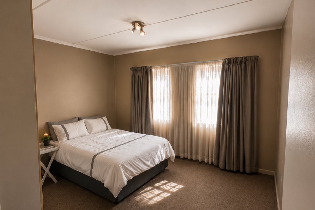 A well-lit bedroom featuring neutral wall tones, carpeted flooring, and large windows with installed curtain tracks.