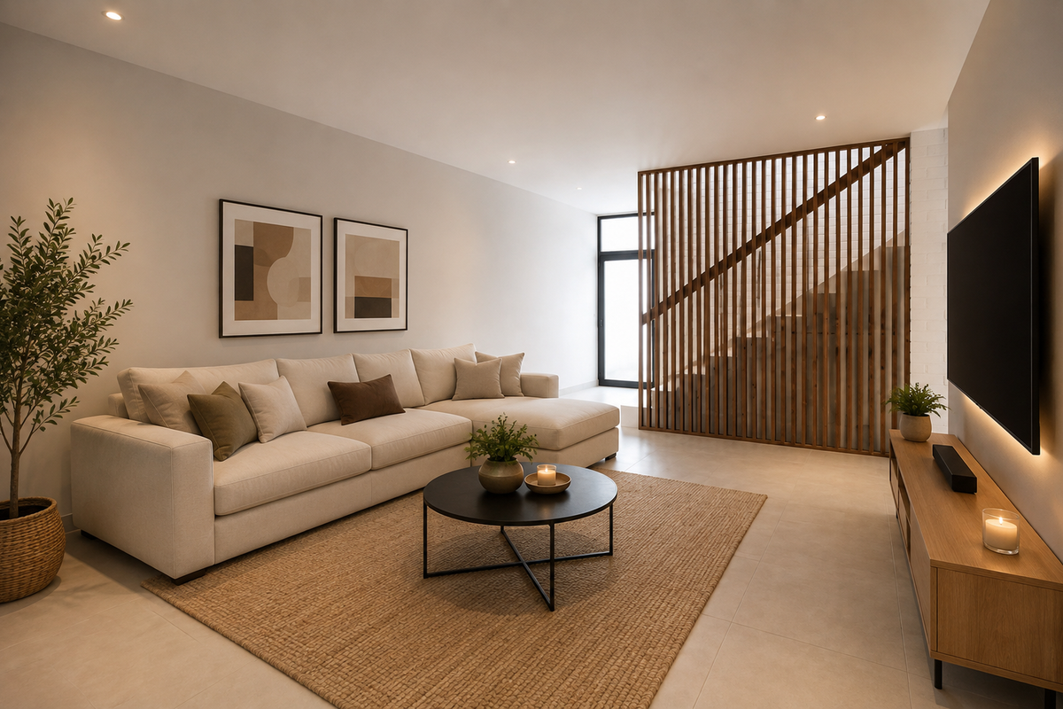 Modern living room featuring tiled flooring, recessed downlights, and a stylish timber slat screen separating the staircase area.
