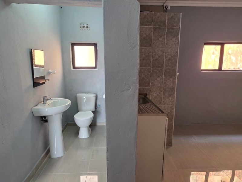 An open-plan studio apartment featuring a compact kitchenette area and a separate bathroom section with a pedestal basin and toilet.