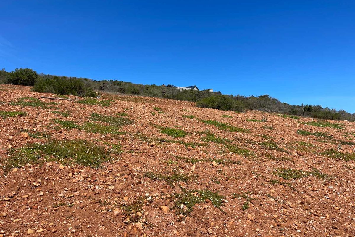A view of a sloped, undeveloped residential plot featuring natural rocky terrain and native vegetation under a clear blue sky.