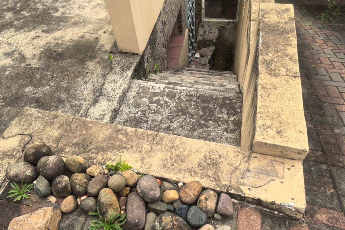 Exterior staircase leading to a lower level, featuring weathered concrete steps, retaining walls, and a metal security gate requiring maintenance.
