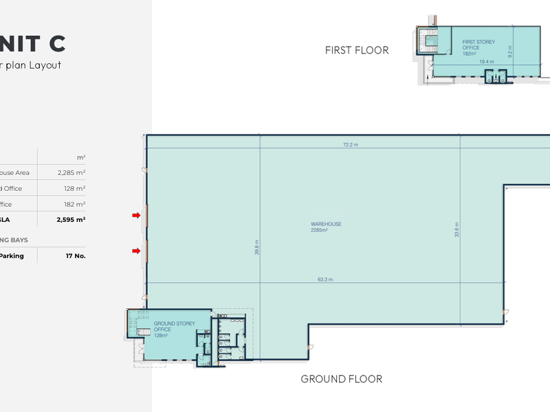Architectural floor plan layout for Unit C, detailing the ground floor warehouse and office space, plus the first floor office area.