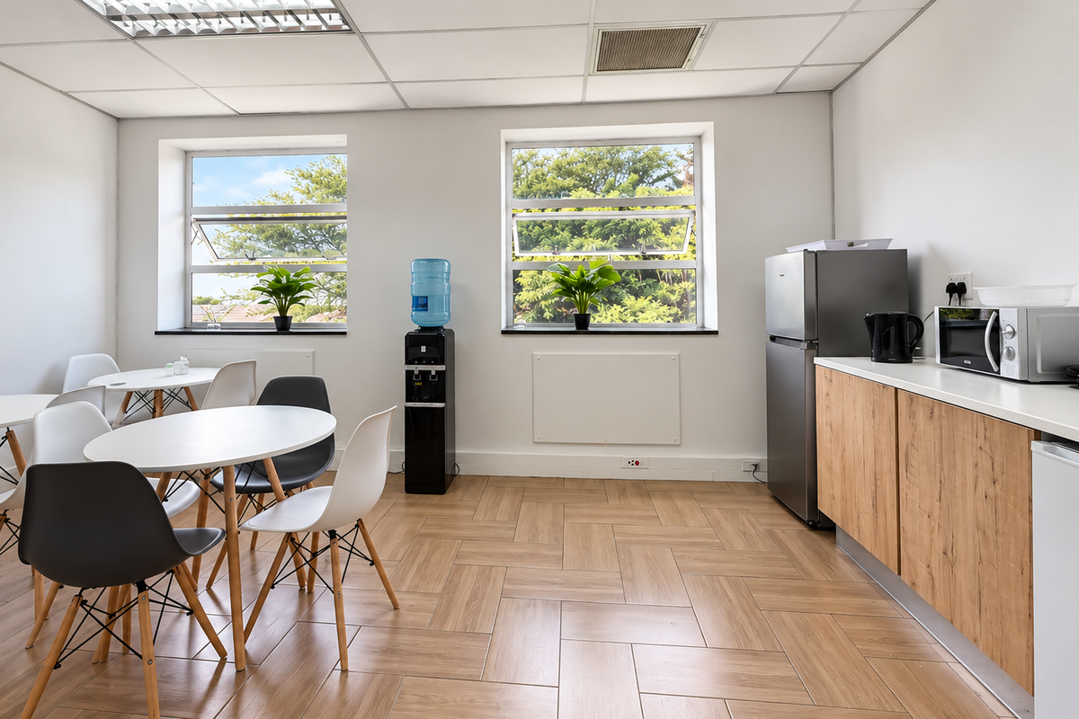 A bright office kitchenette featuring wood-look tile flooring, modern cabinetry, and ample natural light from dual windows.