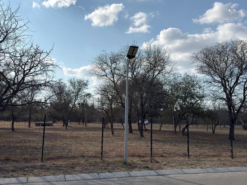 A view of a vacant commercial land plot featuring wire mesh perimeter fencing, a street light, and mature trees.
