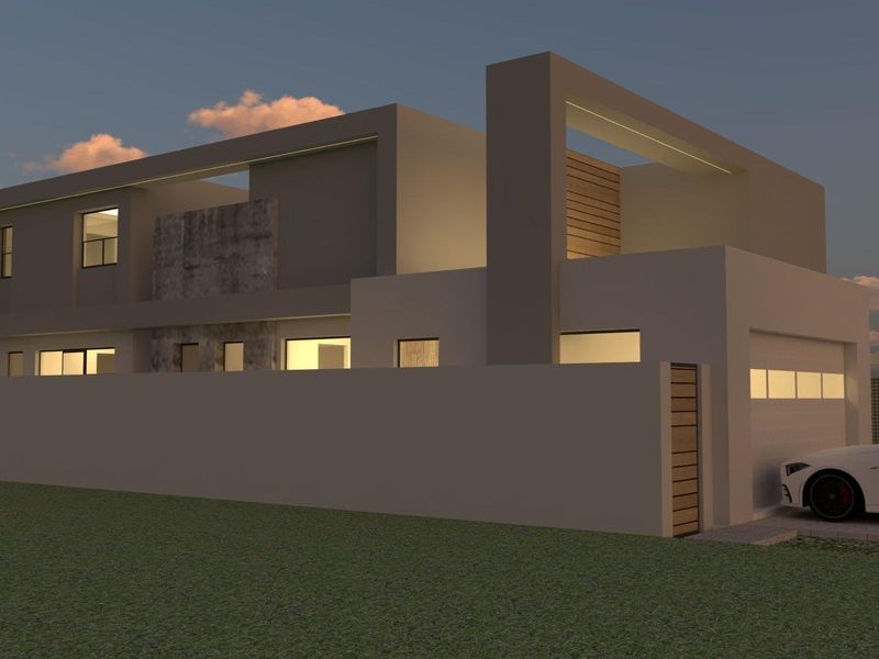 A modern architectural exterior view of a contemporary house featuring clean lines, concrete textures, timber accents, and an integrated garage.