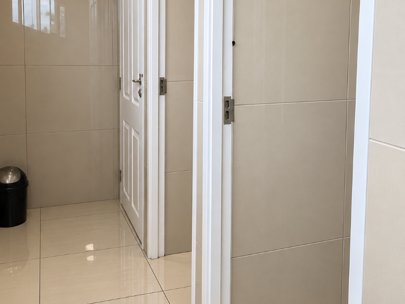A clean, modern hallway featuring neutral ceramic wall and floor tiles with multiple internal door access points and recessed lighting.